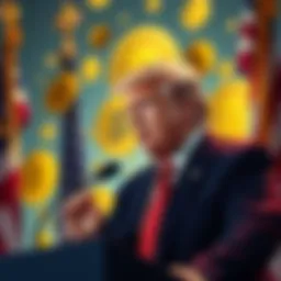 Trump Announcing Crypto Plans President Trump speaking about the US becoming a leader in cryptocurrency, with a backdrop of Bitcoin symbols and American flags.