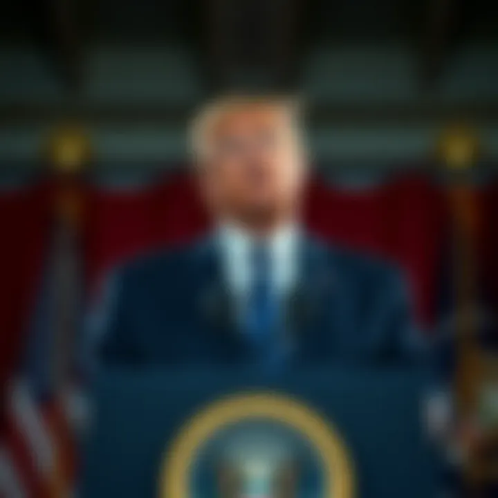 President Trump at a podium announcing he will not pardon Sam Bankman-Fried, with a concerned expression