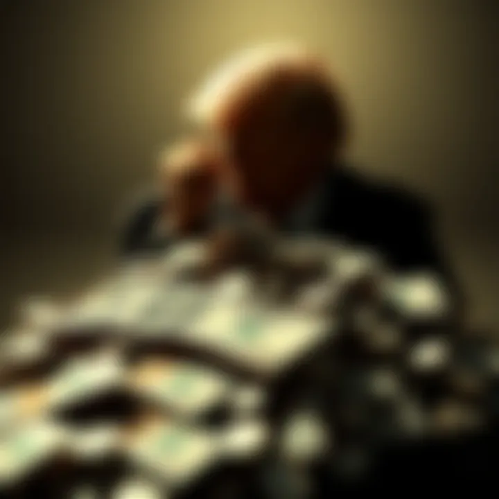 A pile of cash with a silhouette of Donald Trump in the background, symbolizing financial gains during his presidency.