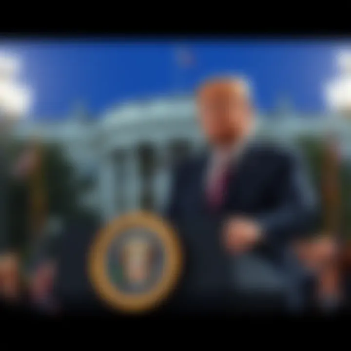 President Trump speaking at a podium about the economy and jobs report