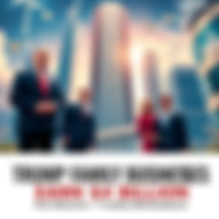 The Trump family stands in front of a high-rise building displaying financial success, with symbols of AI, cryptocurrency, and nuclear energy around them.