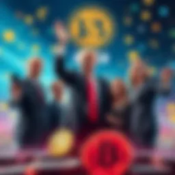 A representation of the Trump family celebrating their investments in cryptocurrency with a backdrop of digital currency symbols.