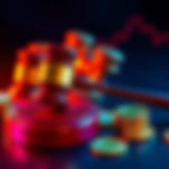 A gavel and cryptocurrency coins representing the lawsuit involving the Trump family's crypto firm.