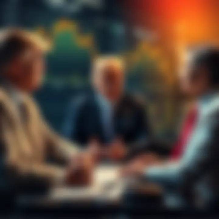 The Trump family members discussing legal issues related to their cryptocurrency venture, with a backdrop of financial charts and legal documents.