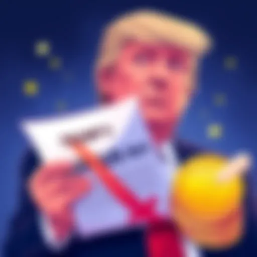 Illustration showing Trump holding a document labeled GENIUS Act while stablecoins are depicted with a crossed-out interest symbol.