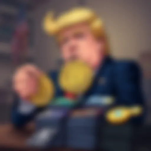 A cartoon of Donald Trump holding a Bitcoin while standing next to a pile of collectibles like trading cards, emphasizing the shift in the crypto narrative.