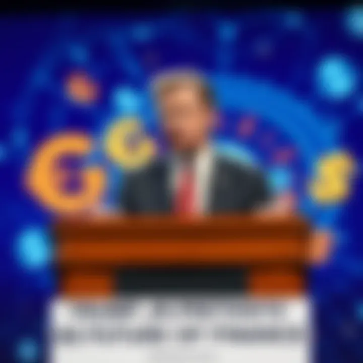 Donald Trump Jr. at a podium discussing the impact of cryptocurrency on finance, with a backdrop of digital currency symbols
