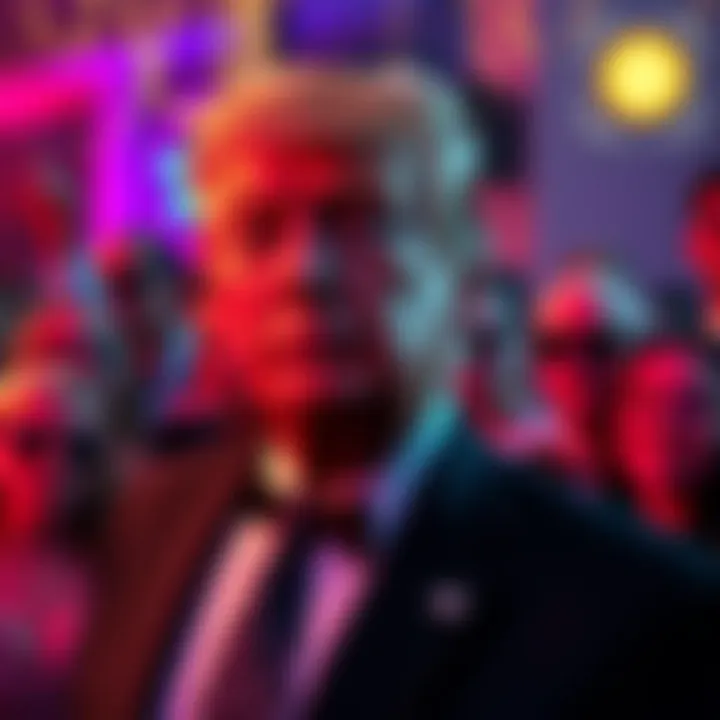 Donald Trump attending the Memecoin Gala surrounded by fans and celebrities celebrating cryptocurrency