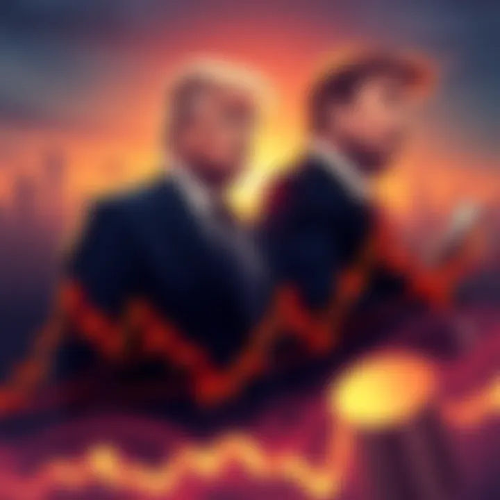An illustration showing a downward trend in cryptocurrency values, with images of Trump and Musk looming over the market charts, representing investor fears.