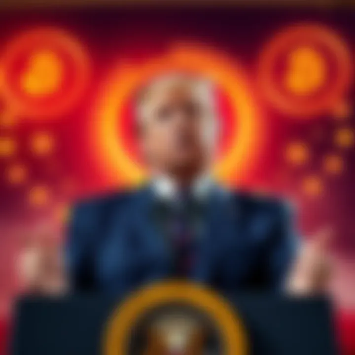 Donald Trump speaking at a podium with cryptocurrency graphics in the background, symbolizing his support for digital currency.