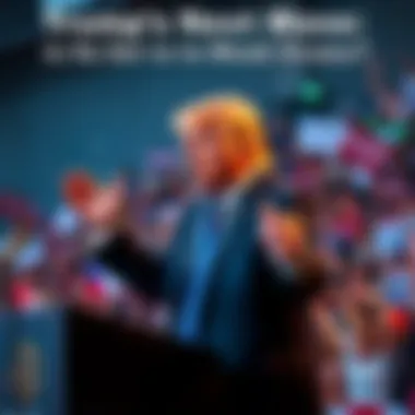 Donald Trump on stage addressing a crowd at a political rally, gesturing passionately while supporters cheer in the background.