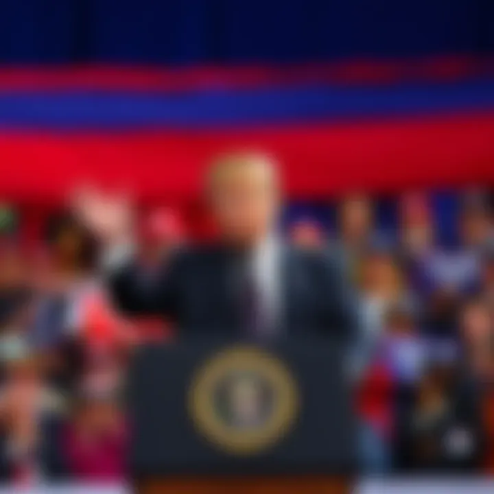 Former President Trump delivers a speech at a rally, discussing his achievements and future promises, with an enthusiastic crowd behind him.