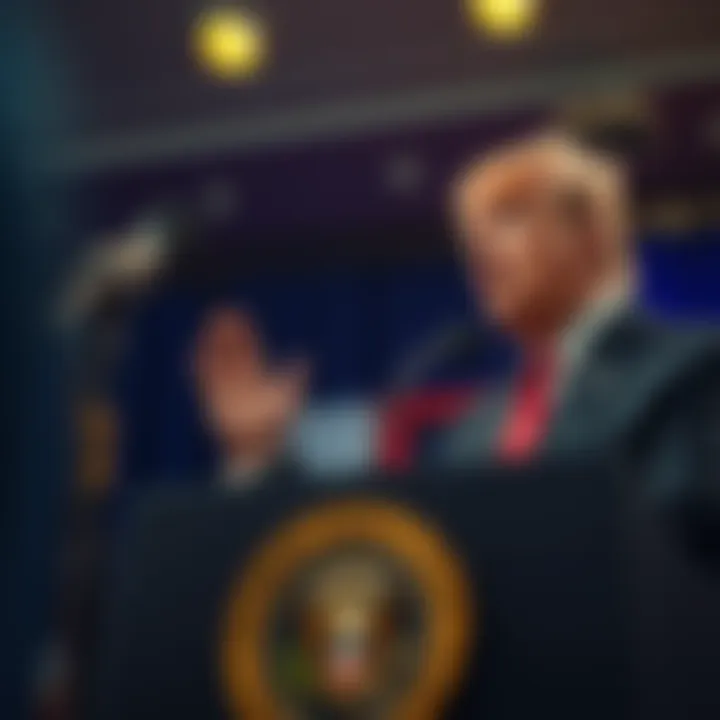 Former President Trump at a podium addressing banks and the stablecoin yields issue