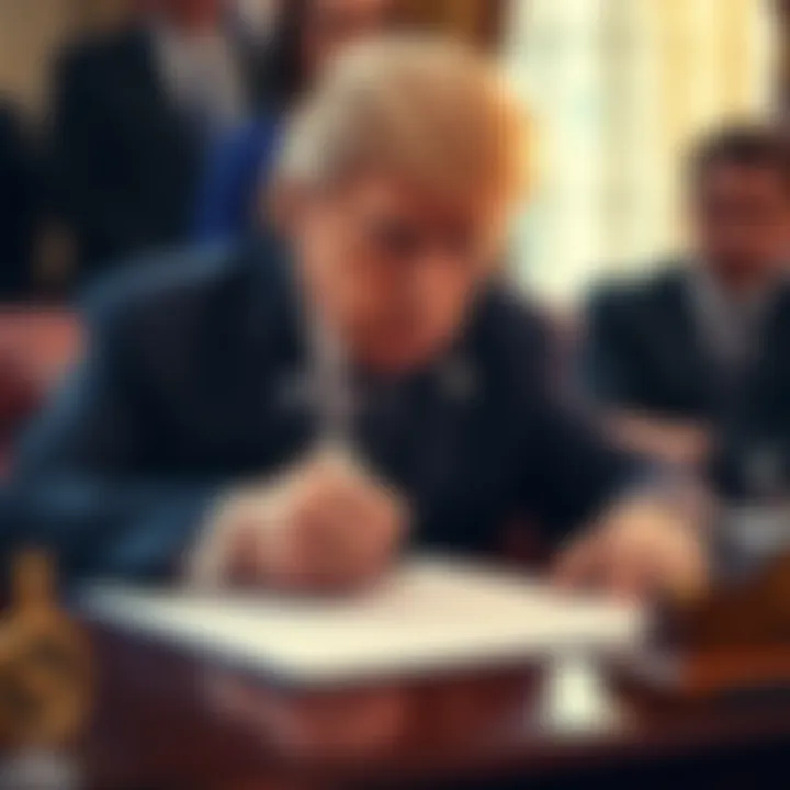 President Trump signs a document granting tax immunity to himself and his family in a formal setting.