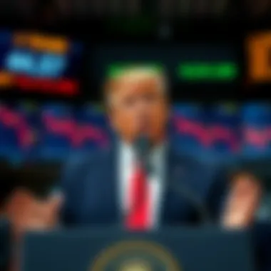 President Trump speaking at a podium with a serious expression, highlighting his ultimatum on Iran, while traders watch market graphs behind him showing a decline.