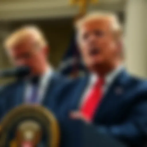 Donald Trump speaking at a podium, expressing concern about interest rates, with an image of Jerome Powell in the background.