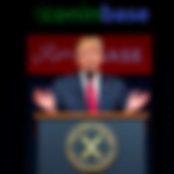 Donald Trump standing at a podium with XRP logo and Coinbase logo in the background, speaking about his upcoming announcement