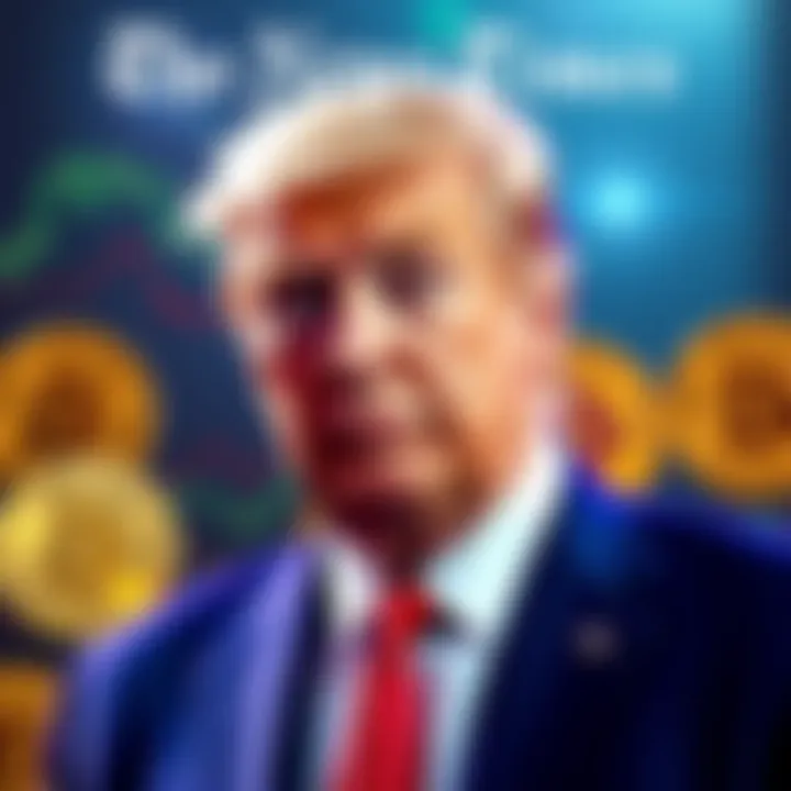 A graphic showing Bitcoin coins alongside an image of President Trump, symbolizing the connection between Trump and cryptocurrency assets.