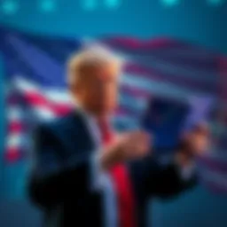 A businessman examining stock market graphs with a backdrop of a flag representing the United States, symbolizing the intersection of politics and finance during Trump's leadership.