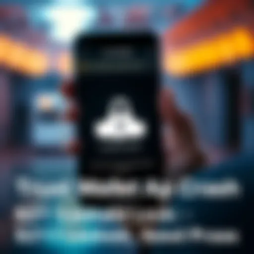 A smartphone displaying the Trust Wallet app with an error message, indicating a crash and showing a padlock symbol, representing locked funds. A worried person is looking at the screen.