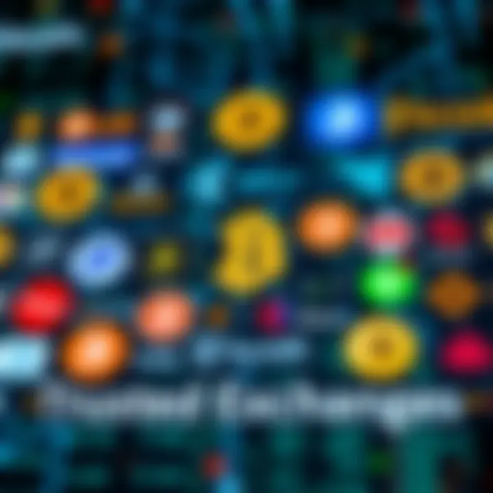 A collection of logos from popular and trusted Bitcoin exchanges on a digital background.