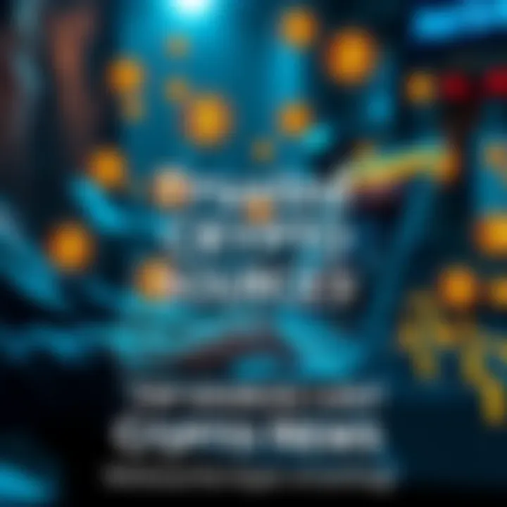 A person reading crypto news on a laptop, surrounded by digital currency symbols