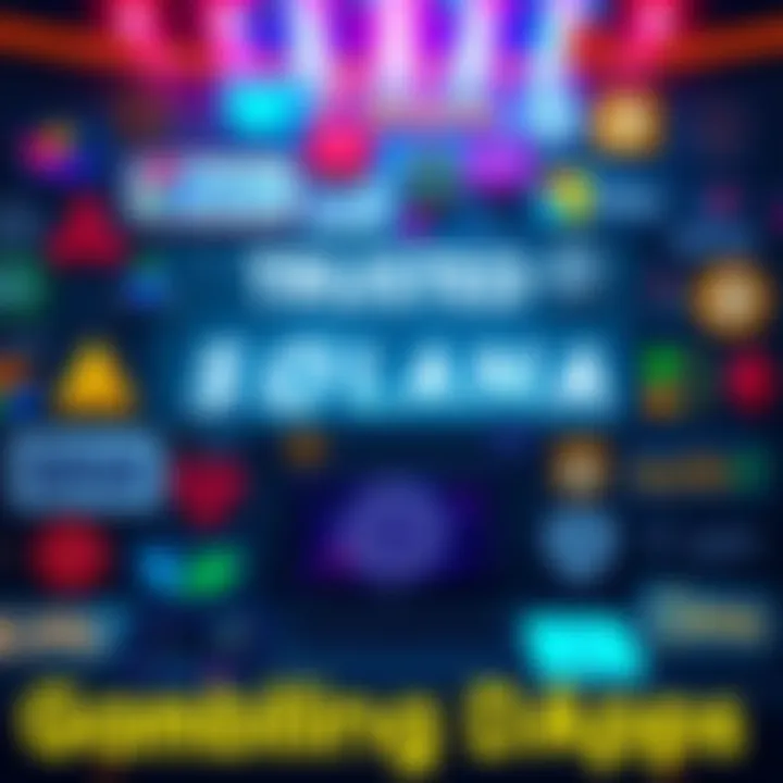 A collage of popular Solana gambling platforms with logos and icons representing deposits and withdrawals