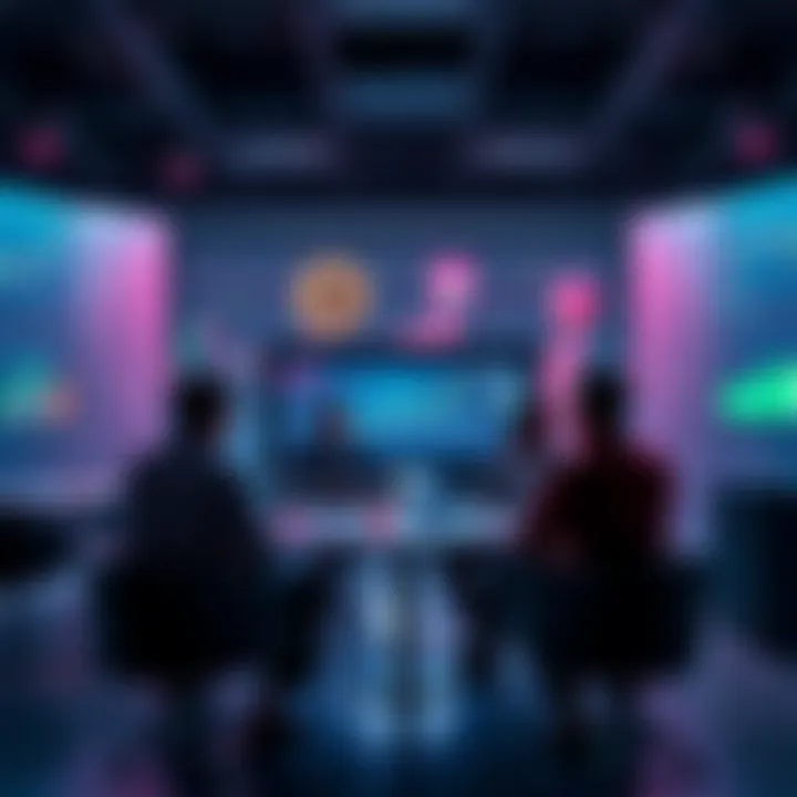 A group of people engaged in a conversation about trustworthy token creators in a modern setting, with charts and digital tokens displayed on screens.