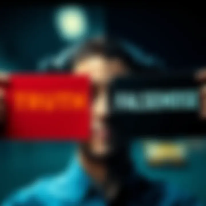A split image showing a person looking confused between two signs, one saying 'Truth' and the other 'Falsehood', representing the struggle to identify accurate information in today's society.