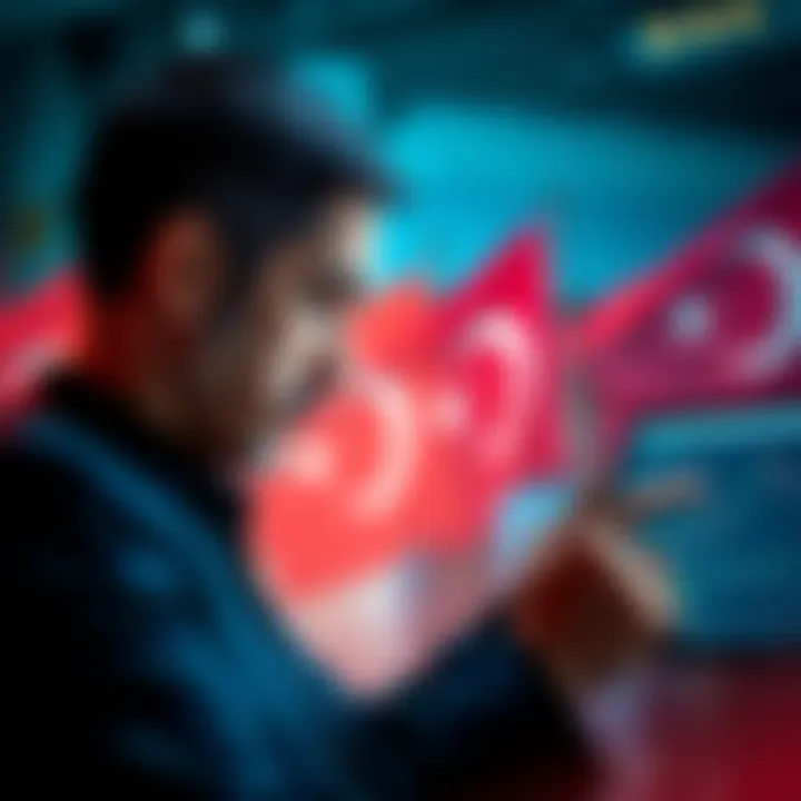 A businessman analyzing cryptocurrency charts with Turkish flags in the background