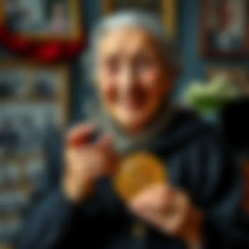 110-Year-Old Turkish Grandma A 110-year-old Turkish woman smiling proudly, holding a Bitcoin symbol in her hand, surrounded by family photos, reflecting a long and happy life.