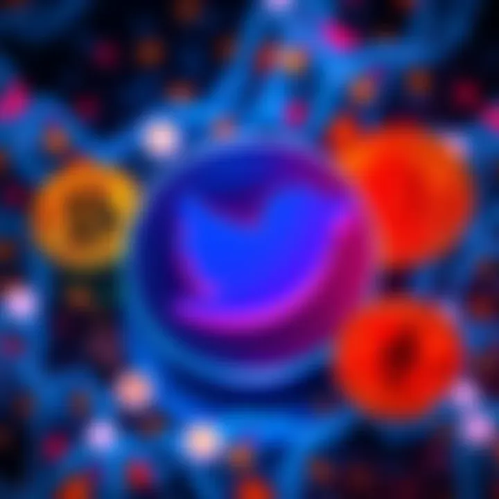 Twitter logo surrounded by cryptocurrency symbols like Bitcoin and Ethereum, representing crypto networking