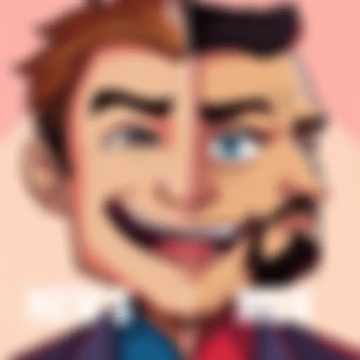 A cartoonish illustration showing a man with a happy face on one side and a serious face on the other side, representing two different moods.