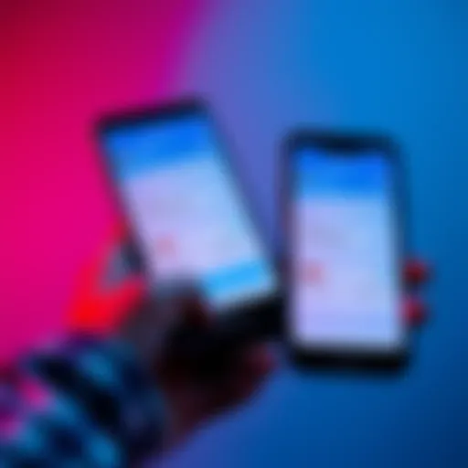 Two Phones with Revolut App Open A personal phone and a work phone displaying the Revolut app on their screens, showing account details and features side by side.