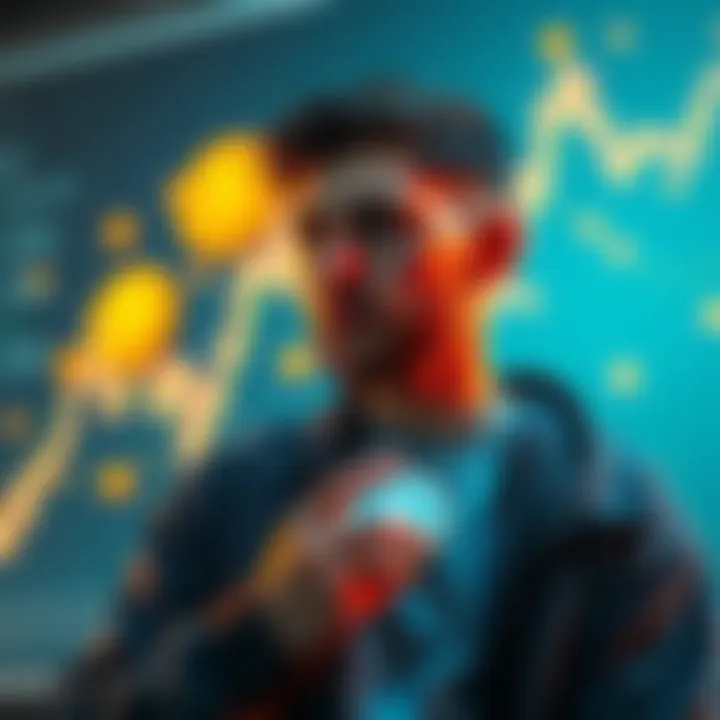 A young man reflecting on cryptocurrency investments, with a graph and digital coins in the background.