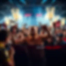 People celebrating a decade of UFC with banners and flags, featuring Dana White at the forefront.
