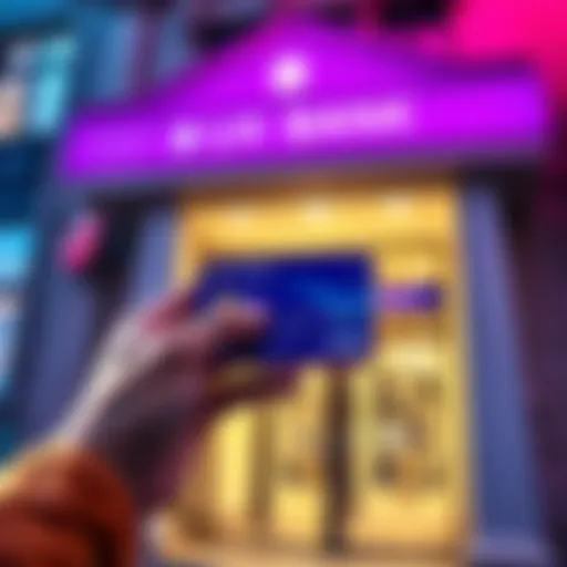 A person holding a credit card and a smartphone with cryptocurrency symbols on screen, in front of a bank building.