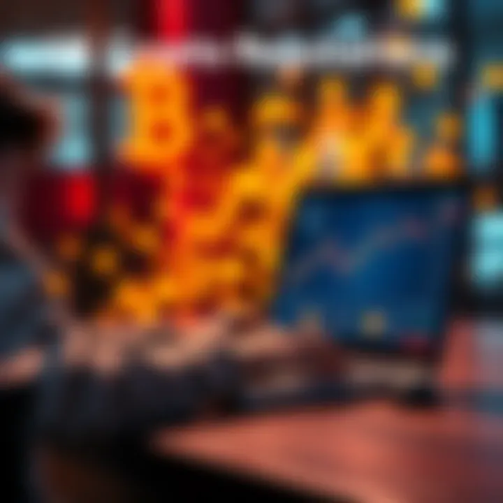 A person using a laptop with cryptocurrency symbols and transaction charts on the screen, representing the new UK regulations requiring transaction reporting.