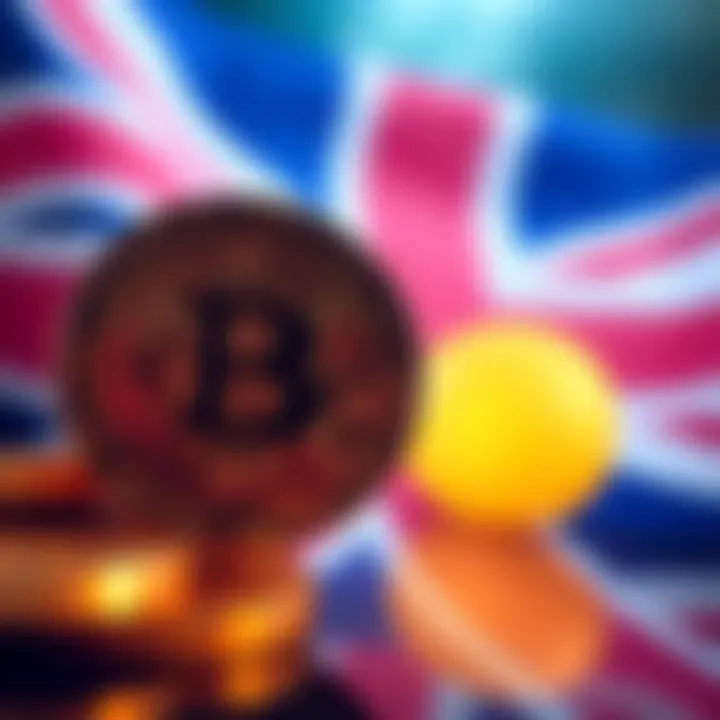 UK Crypto Regulations A visual representation of cryptocurrency symbols with a backdrop of the UK flag, symbolizing new regulations in the crypto market.