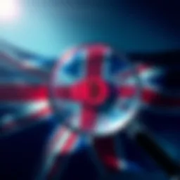 Illustration of a UK flag with cryptocurrency symbols being targeted by a magnifying glass, representing the crackdown on tax evasion