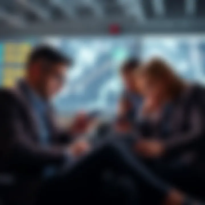 A group of British investors analyzing Bitcoin and Ether trends on their laptops and smartphones.