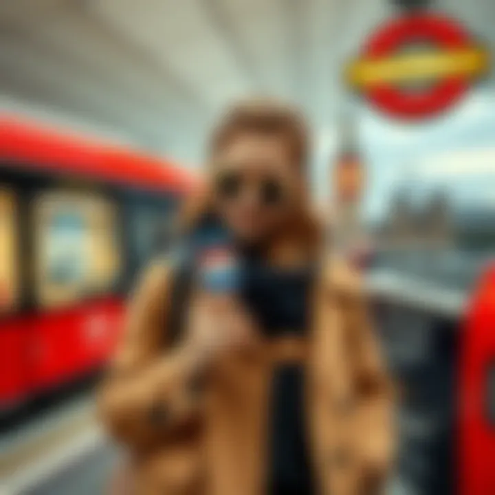 A stylish traveler using a Dutch card at a London tube station with iconic landmarks in the background