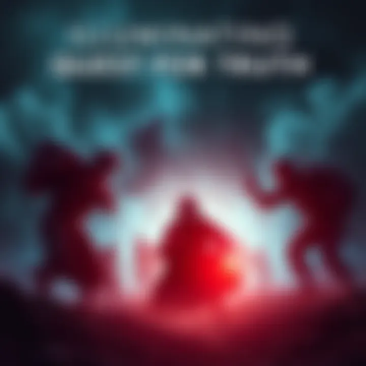 A group of determined individuals searching for answers in a shadowy landscape.