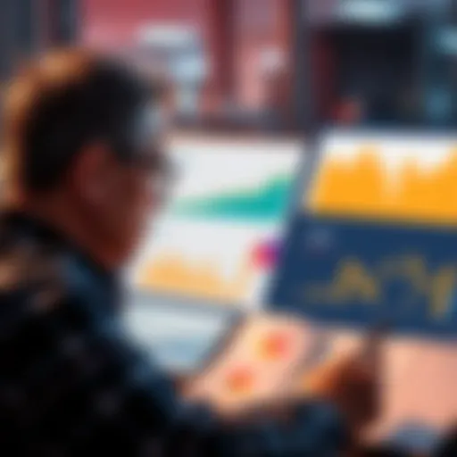 A person analyzing DeFi yield metrics with charts and graphs, highlighting risks and sources of yield.