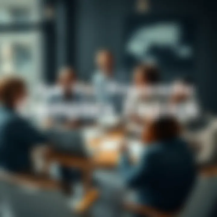 A group of diverse people discussing ideas around a table with notes and laptops