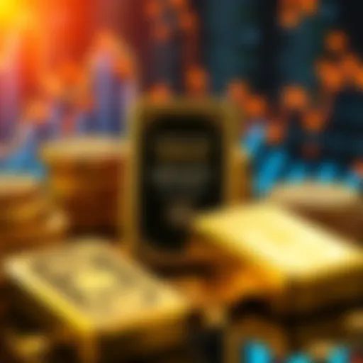 A visual representation of gold bars and coins with a digital background symbolizing investment on Uphold