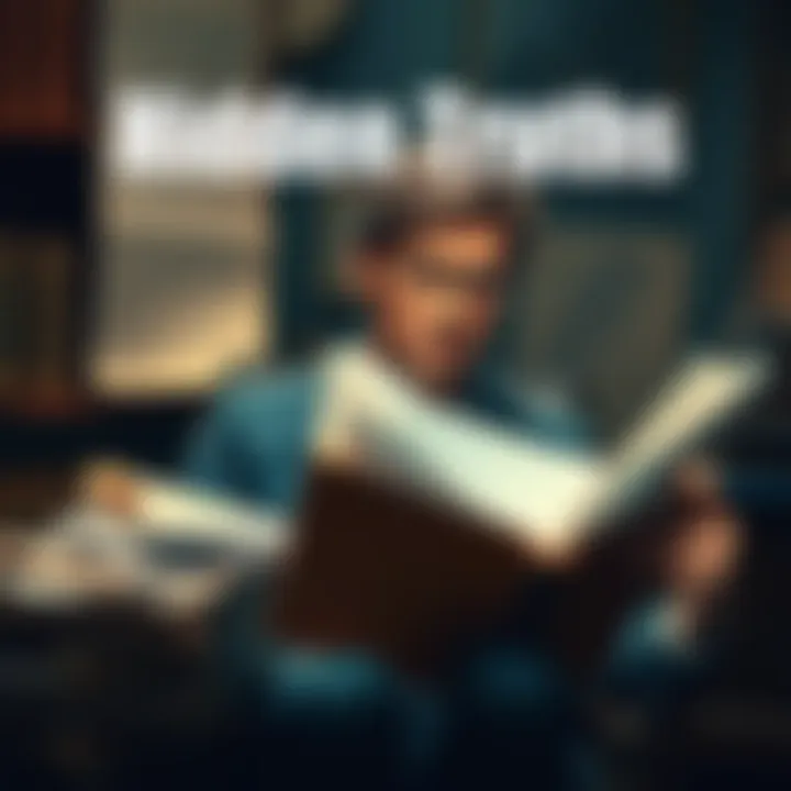 A person reading various papers and books, looking deep in thought about a complex topic