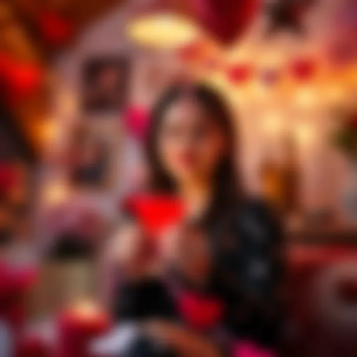 A person celebrating Valentine's Day in an unconventional way, surrounded by personal mementos and heartfelt decorations.