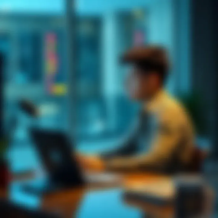 A university student sits at a desk with a laptop, looking thoughtfully at a chart on the screen, considering investment options.