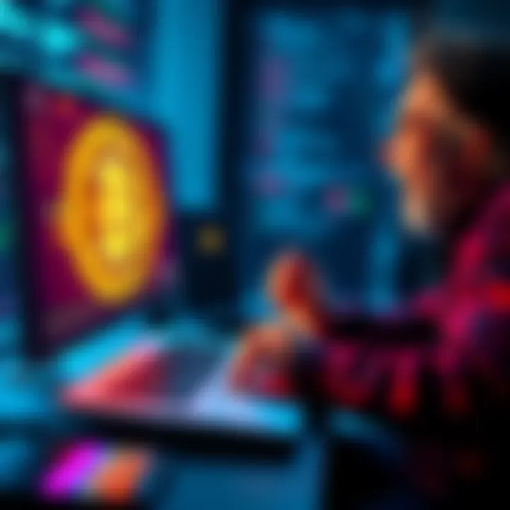A man excitedly types on a computer, a Bitcoin logo on the screen, symbolizing the moment he gains access to his wallet after years of effort.